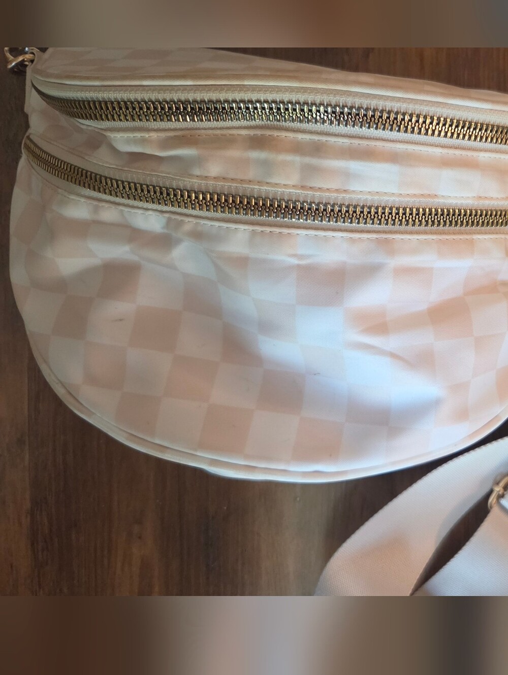 Women's Cream Checkered Crossbody Bum Bag with Gold Hardware